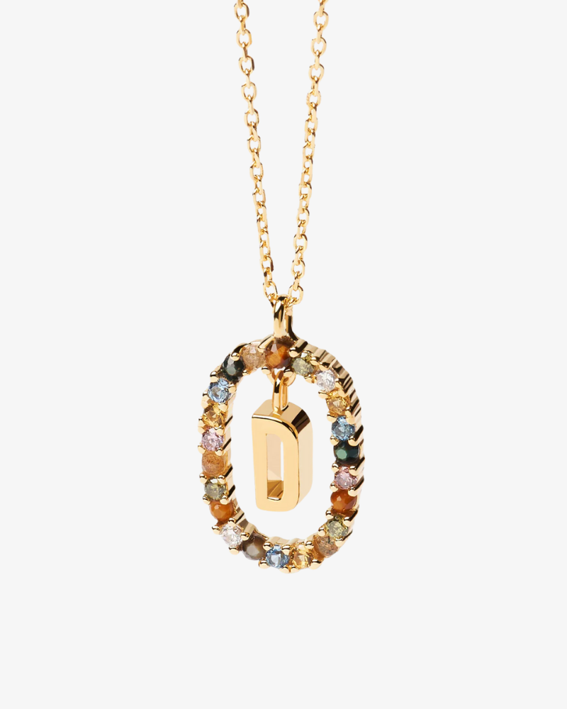 Gold necklace with a multicolored pendant on a white background
