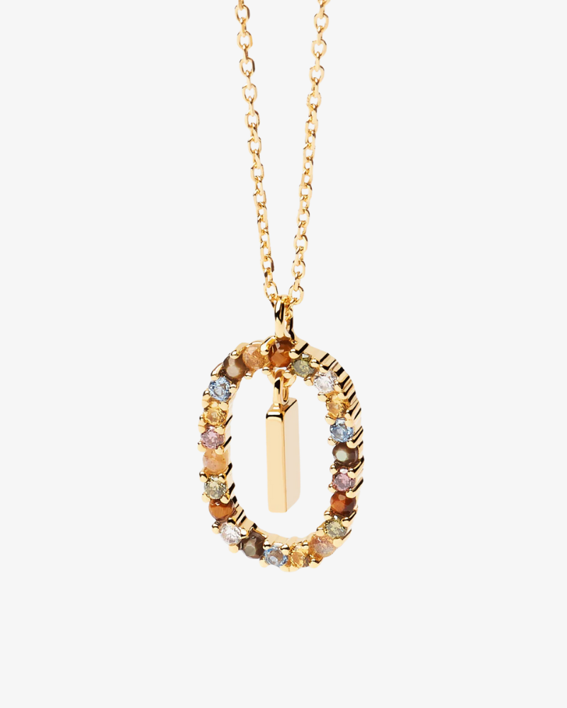 Gold necklace with a multicolored gemstone pendant on a white background