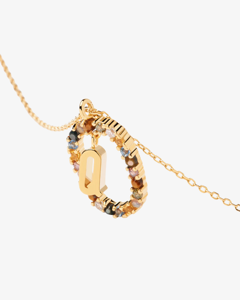 Gold necklace with a pendant on a white background