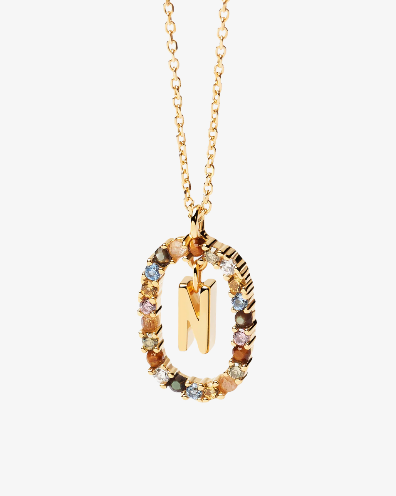 Necklace with a multicolored 'N' pendant on a white background
