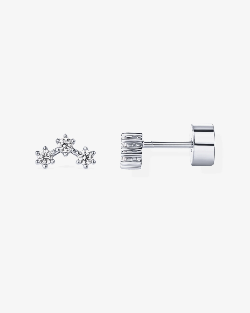 Two silver earrings on a white background